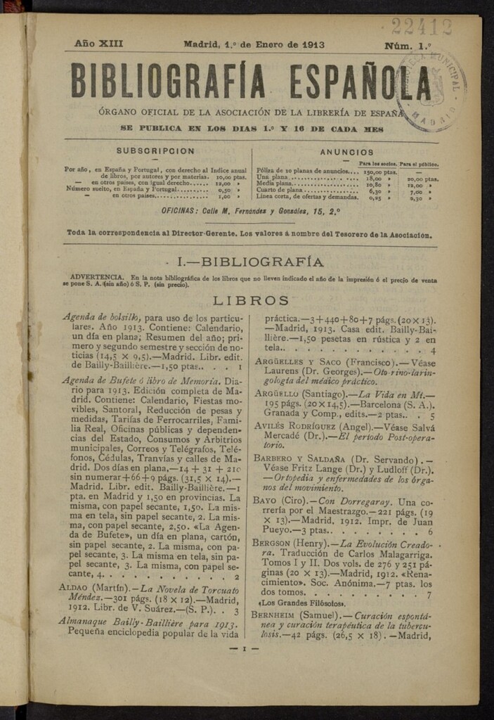 Miniatura de Bibliografía Española del 1 de enero de 1913