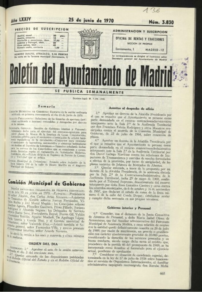 Miniatura de Boletín oficial del Ayuntamiento del 25 de junio de 1970, nº 3830