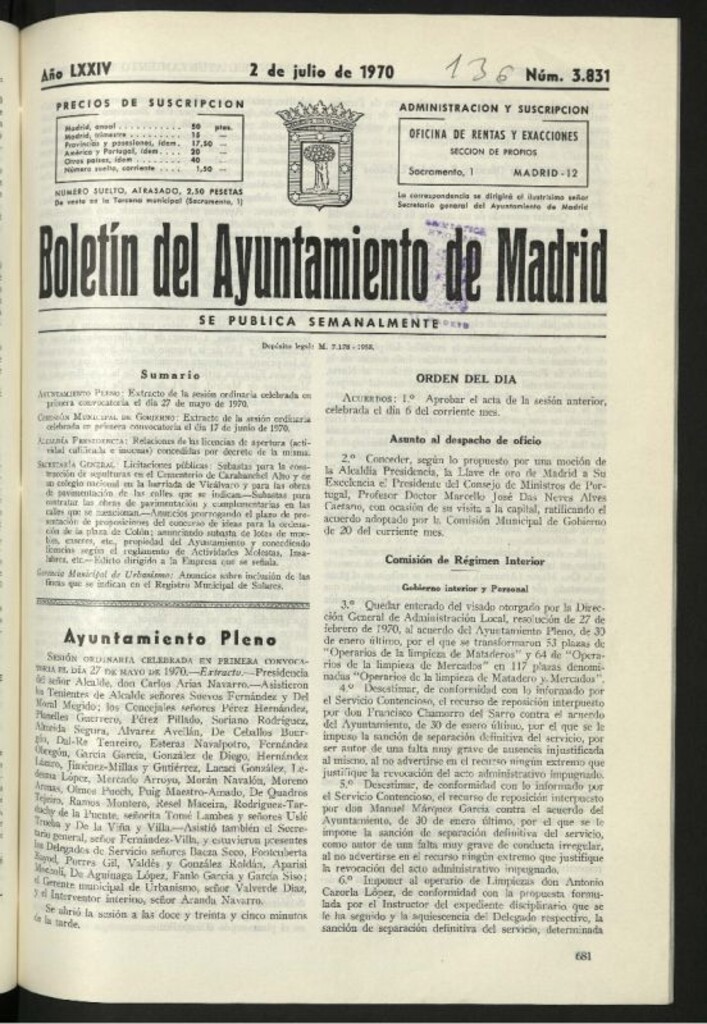 Miniatura de Boletín oficial del Ayuntamiento del 2 de julio de 1970, nº 3831