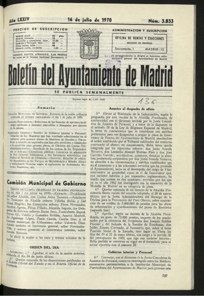 Miniatura de Boletín oficial del Ayuntamiento del 16 de julio de 1970, nº 3833