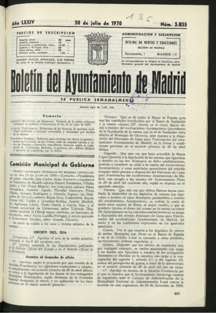 Miniatura de Boletín oficial del Ayuntamiento del 30 de julio de 1970, nº 3835