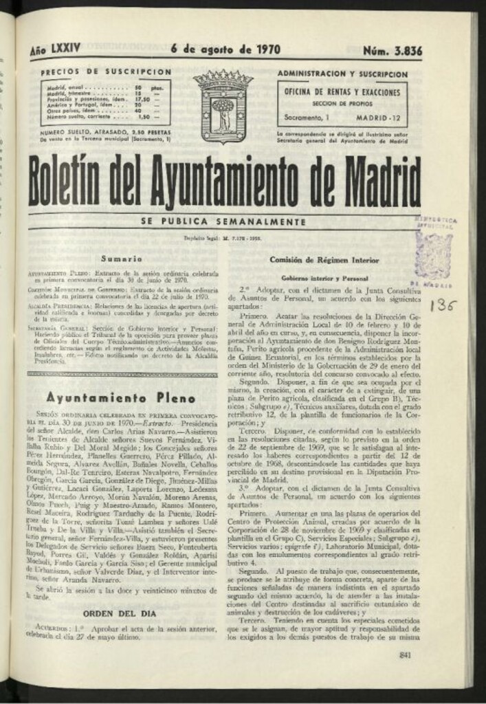 Miniatura de Boletín oficial del Ayuntamiento del 6 de agosto de 1970, nº 3836