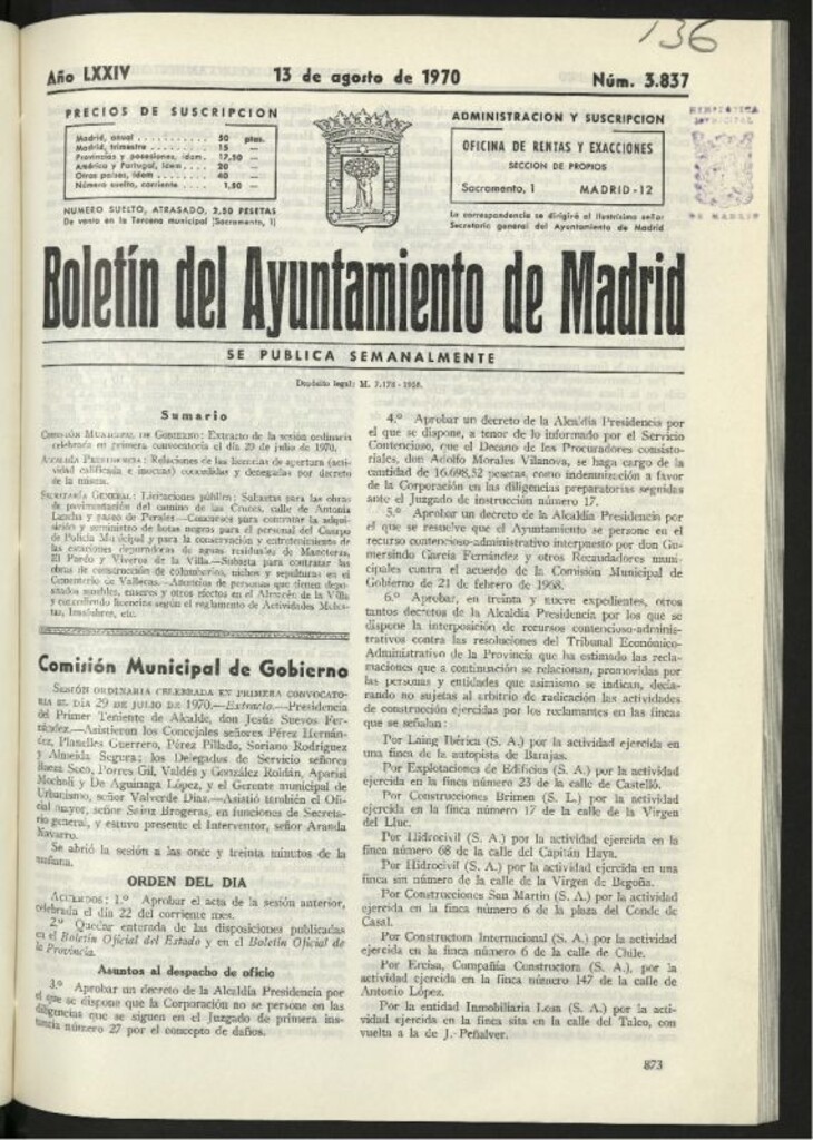 Miniatura de Boletín oficial del Ayuntamiento del 13 de agosto de 1970, nº 3837