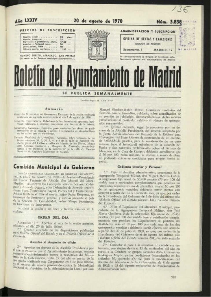 Miniatura de Boletín oficial del Ayuntamiento del 20 de agosto de 1970, nº 3838
