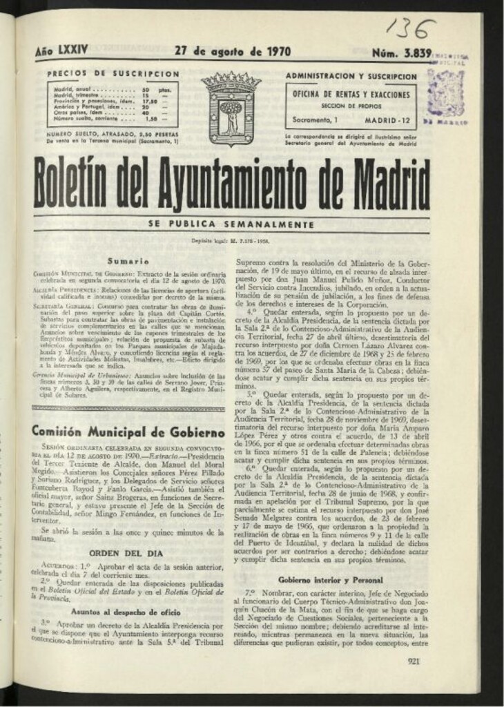Miniatura de Boletín oficial del Ayuntamiento del 27 de agosto de 1970, nº 3839