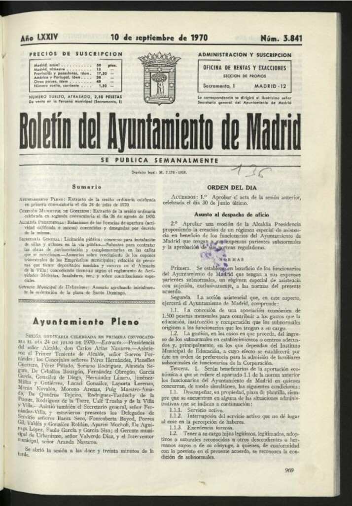 Miniatura de Boletín oficial del Ayuntamiento del 10 de septiembre de 1970, nº 3841