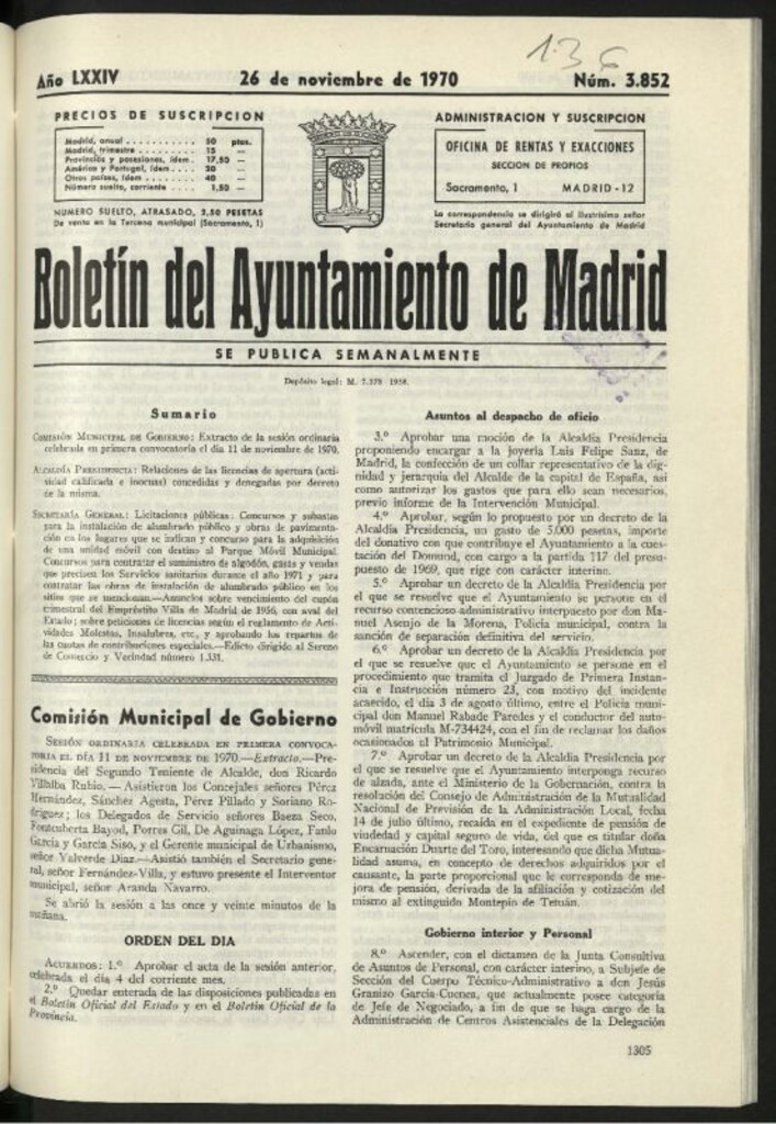 Miniatura de Boletín oficial del Ayuntamiento del 26 de noviembre de 1970, nº 3852