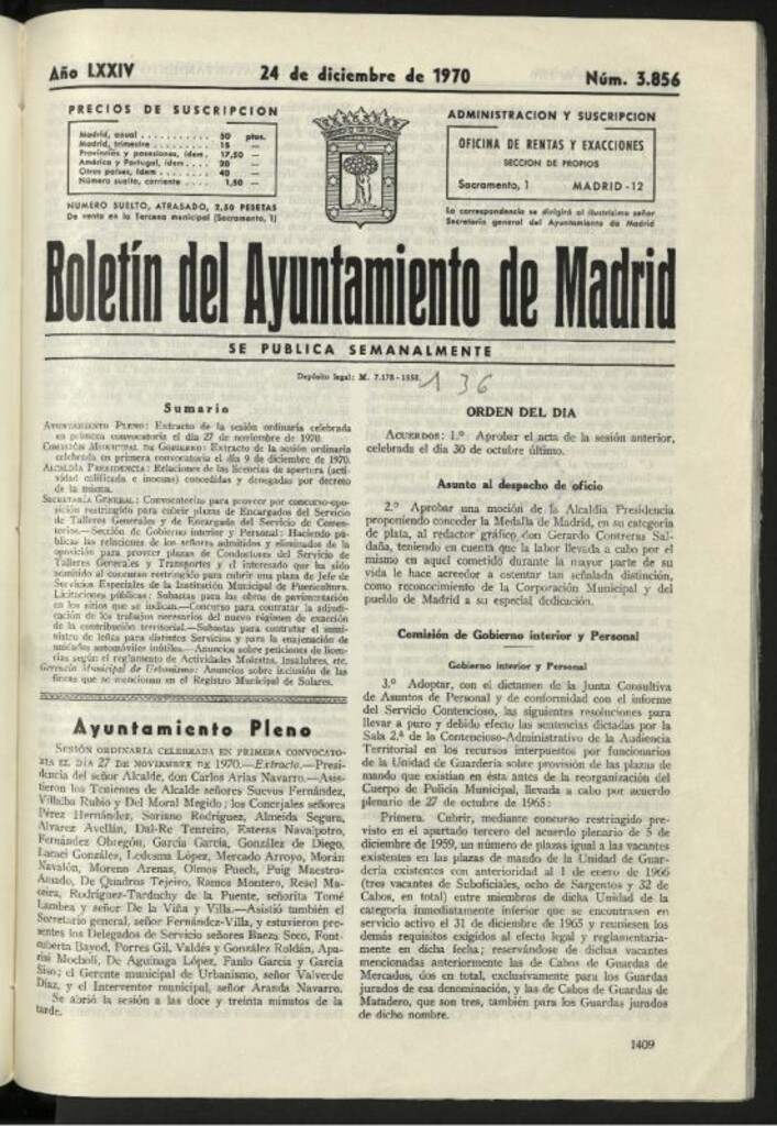 Miniatura de Boletín oficial del Ayuntamiento del 24 de diciembre de 1970, nº 3856