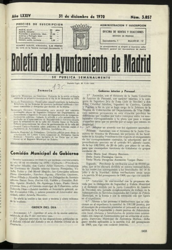 Miniatura de Boletín oficial del Ayuntamiento del 31 de diciembre de 1970, nº 3857