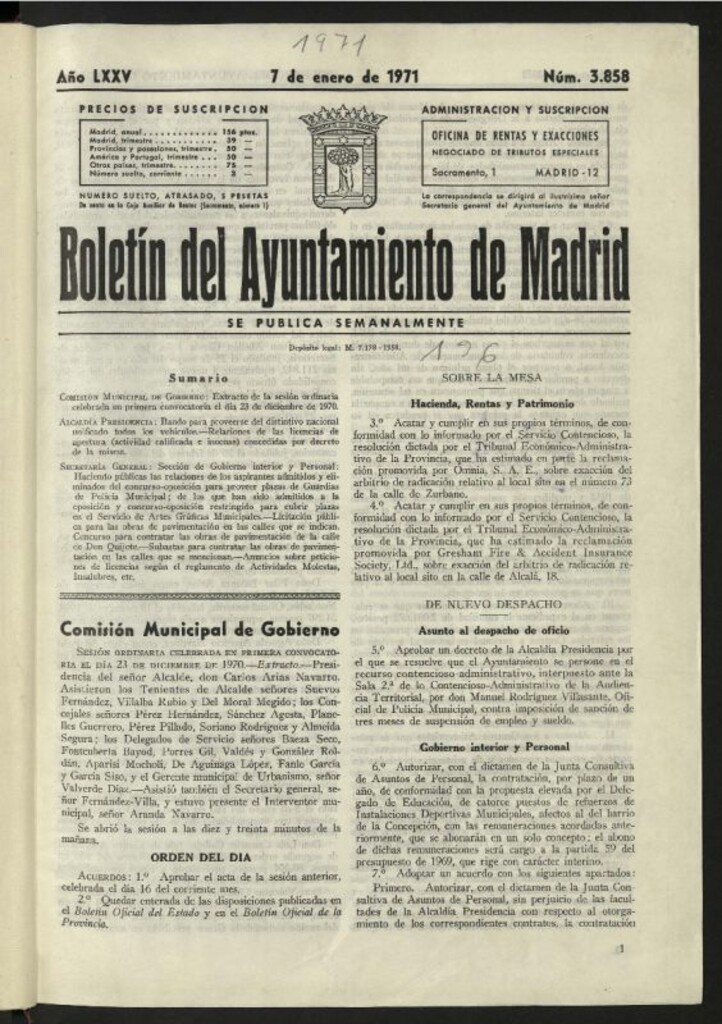 Miniatura de Boletín oficial del Ayuntamiento del 7 de enero de 1971, nº 3858