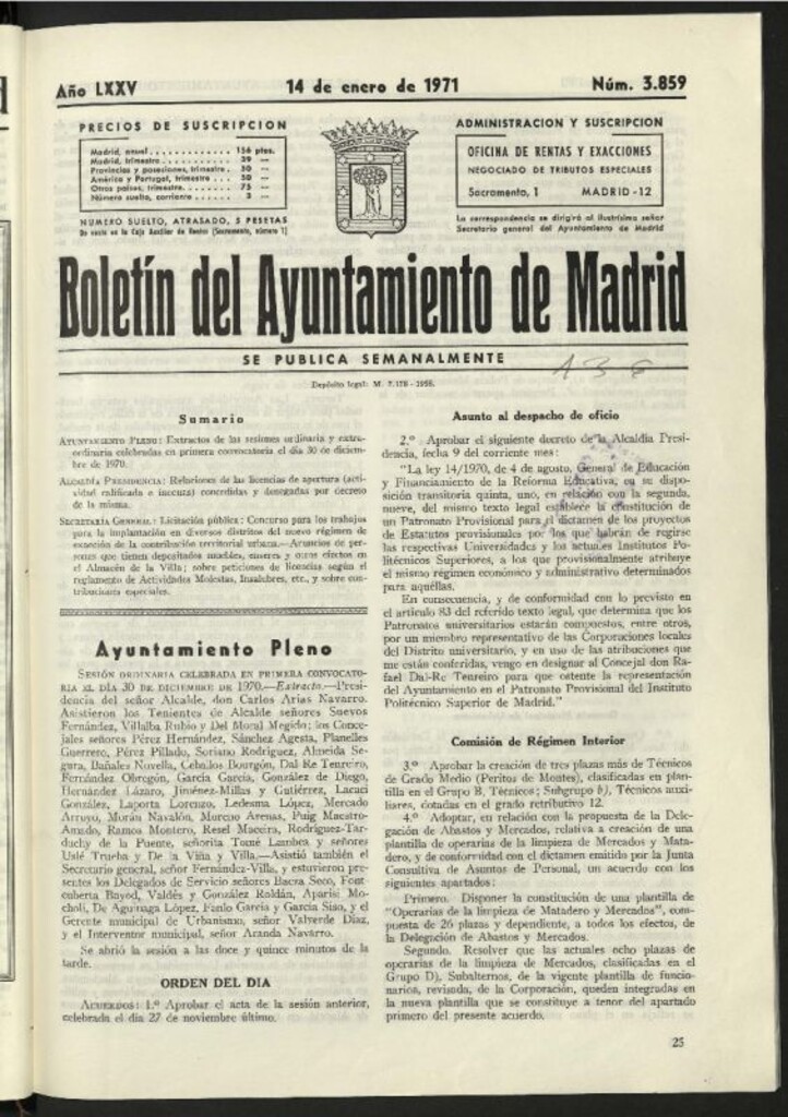 Miniatura de Boletín oficial del Ayuntamiento del 14 de enero de 1971, nº 3859