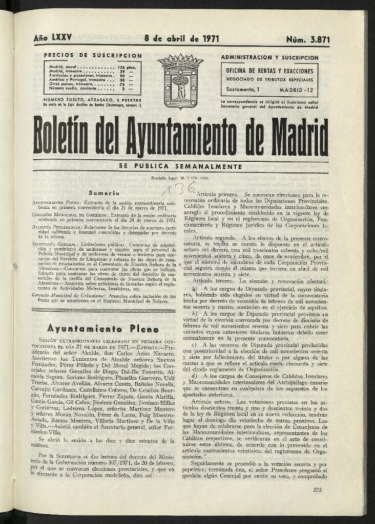 Miniatura de Boletín oficial del Ayuntamiento del 8 de abril de 1971, nº 3871