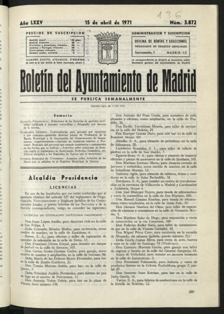 Miniatura de Boletín oficial del Ayuntamiento del 15 de abril de 1971, nº 3872