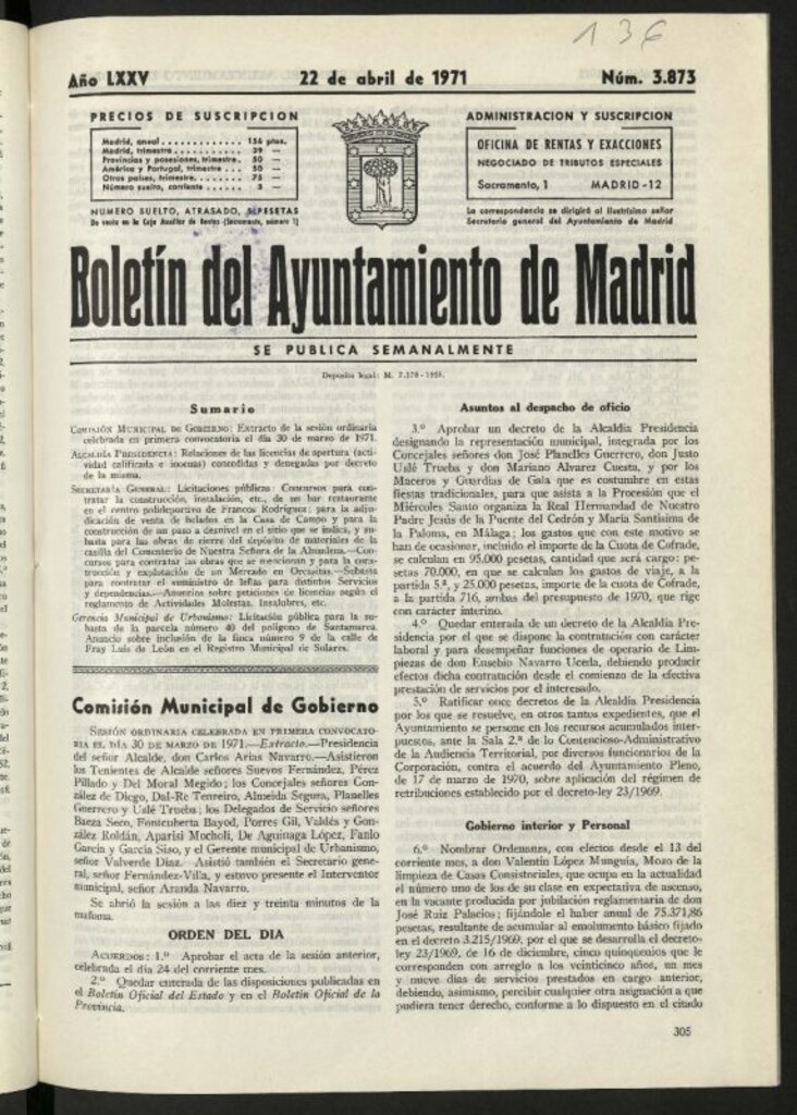 Miniatura de Boletín oficial del Ayuntamiento del 22 de abril de 1971, nº 3873