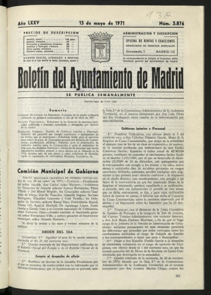 Miniatura de Boletín oficial del Ayuntamiento del 13 de mayo de 1971, nº 3876