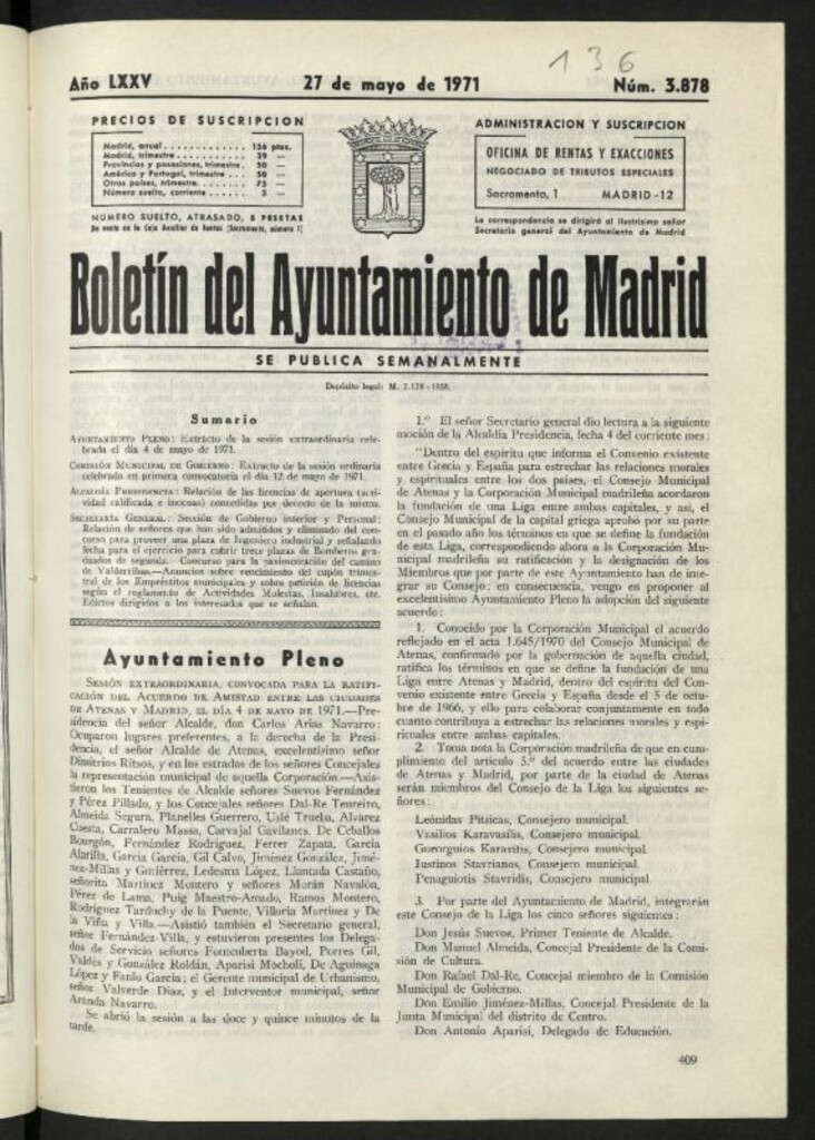 Miniatura de Boletín oficial del Ayuntamiento del 27 de mayo de 1971, nº 3878