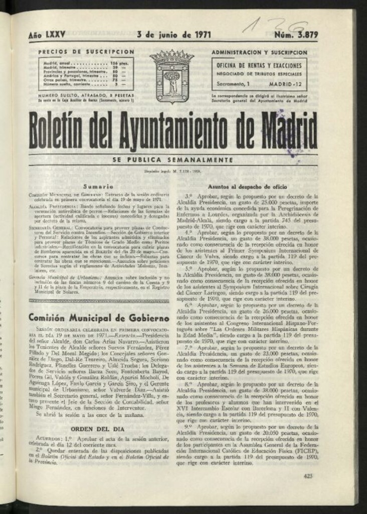 Miniatura de Boletín oficial del Ayuntamiento del 3 de junio de 1971, nº 3879