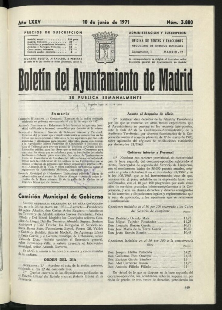 Miniatura de Boletín oficial del Ayuntamiento del 10 de junio de 1971, nº 3880