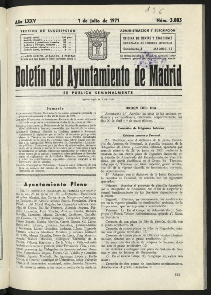 Miniatura de Boletín oficial del Ayuntamiento del 1 de julio de 1971, nº 3883