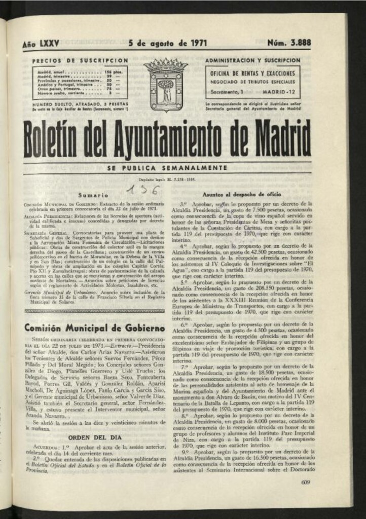 Miniatura de Boletín oficial del Ayuntamiento del 5 de agosto de 1971, nº 3888