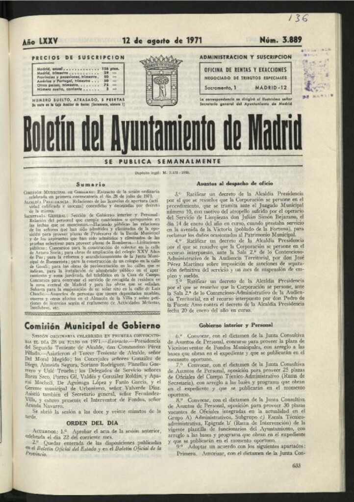 Miniatura de Boletín oficial del Ayuntamiento del 12 de agosto de 1971, nº 3889