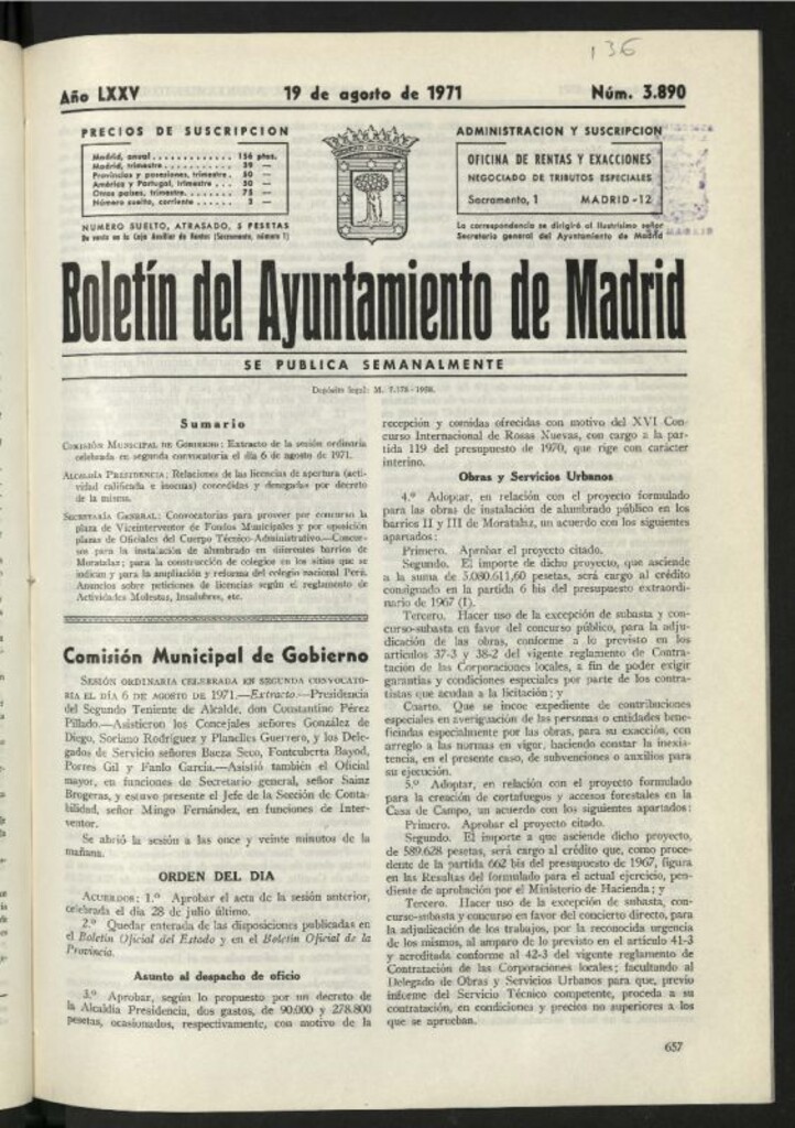 Miniatura de Boletín oficial del Ayuntamiento del 19 de agosto de 1971, nº 3890