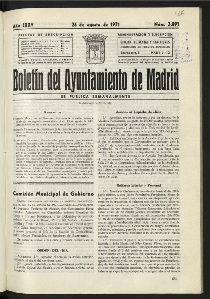 Miniatura de Boletín oficial del Ayuntamiento del 26 de agosto de 1971, nº 3891