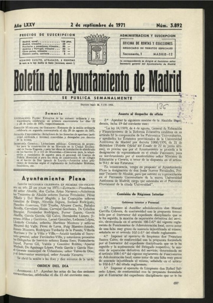 Miniatura de Boletín oficial del Ayuntamiento del 2 de septiembre de 1971, nº 3892