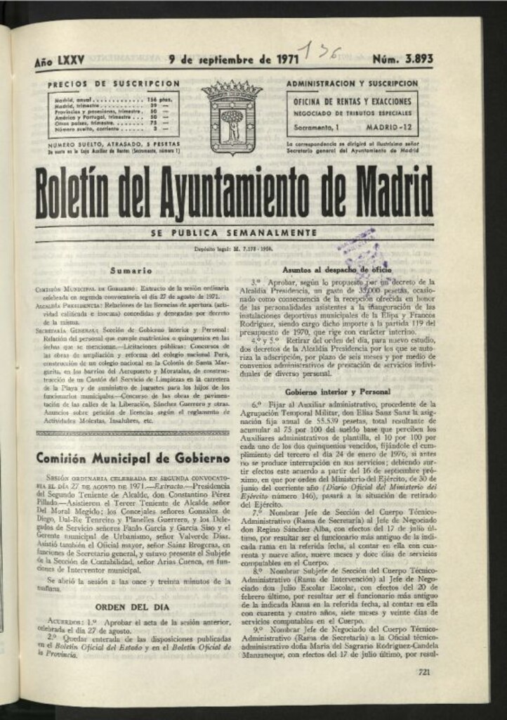 Miniatura de Boletín oficial del Ayuntamiento del 9 de septiembre de 1971, nº 3893