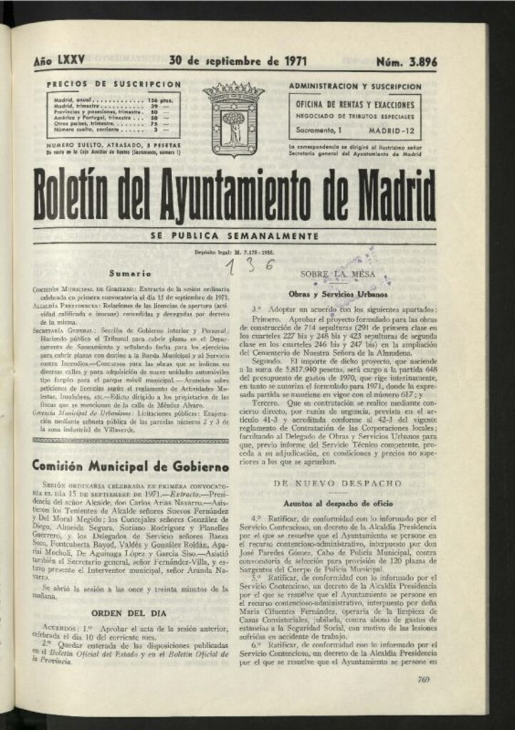 Miniatura de Boletín oficial del Ayuntamiento del 30 de septiembre de 1971, nº 3896