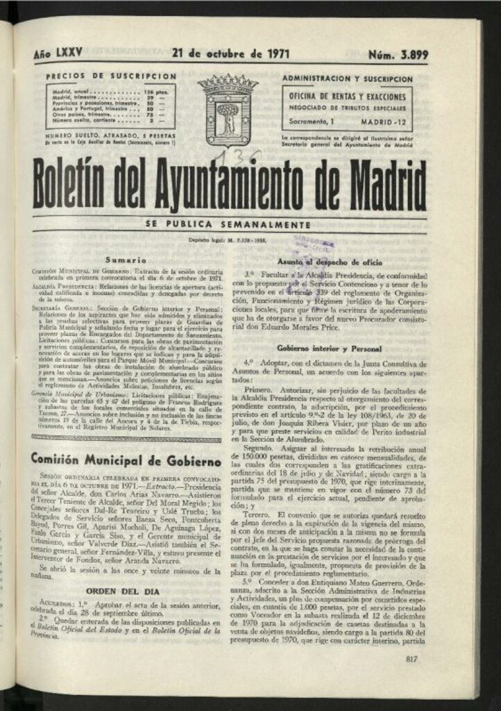 Miniatura de Boletín oficial del Ayuntamiento del 21 de octubre de 1971, nº 3899