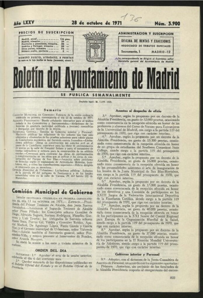 Miniatura de Boletín oficial del Ayuntamiento del 28 de octubre de 1971, nº 3900