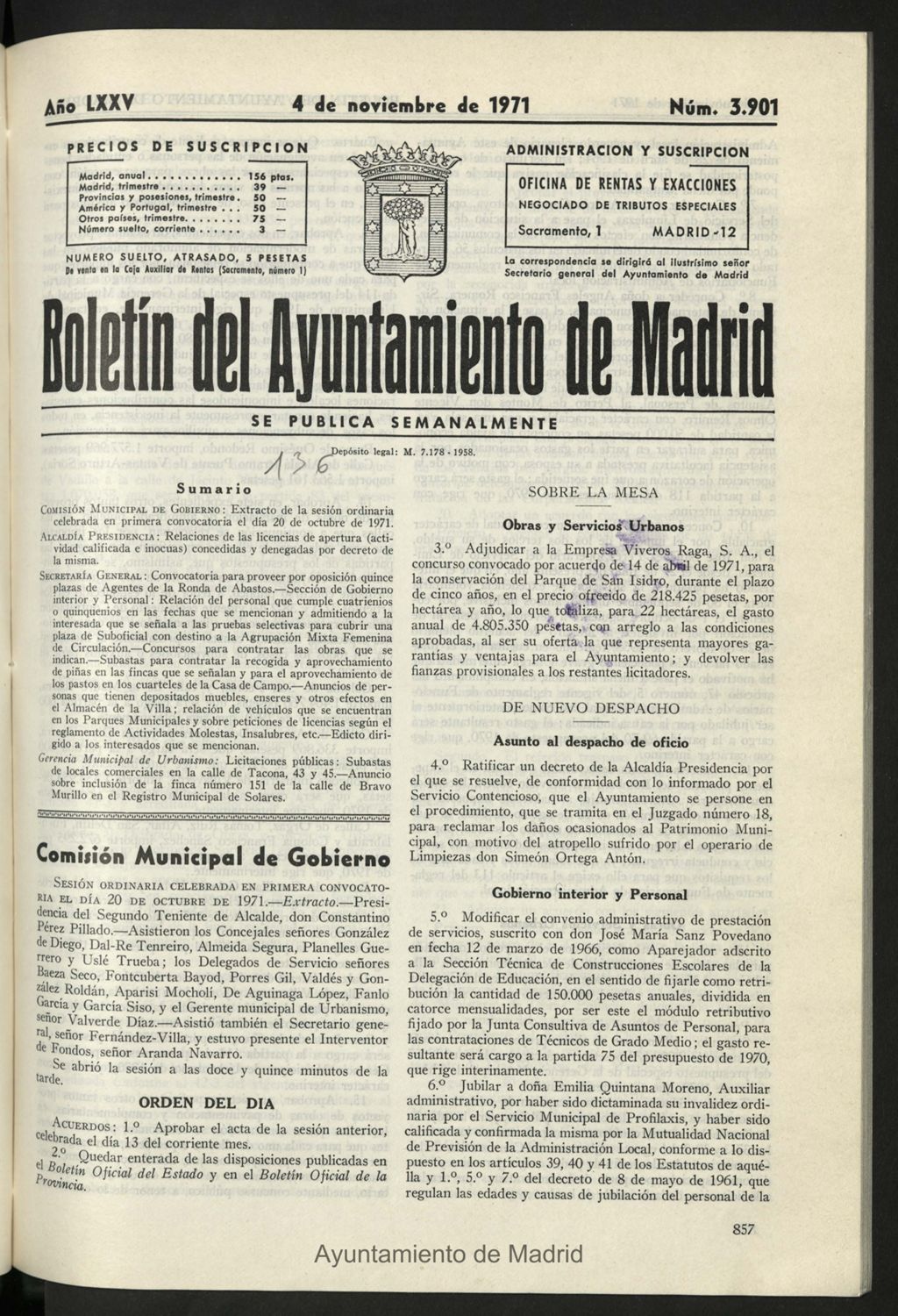 Miniatura de Boletín oficial del Ayuntamiento del 4 de noviembre de 1971, nº 3901