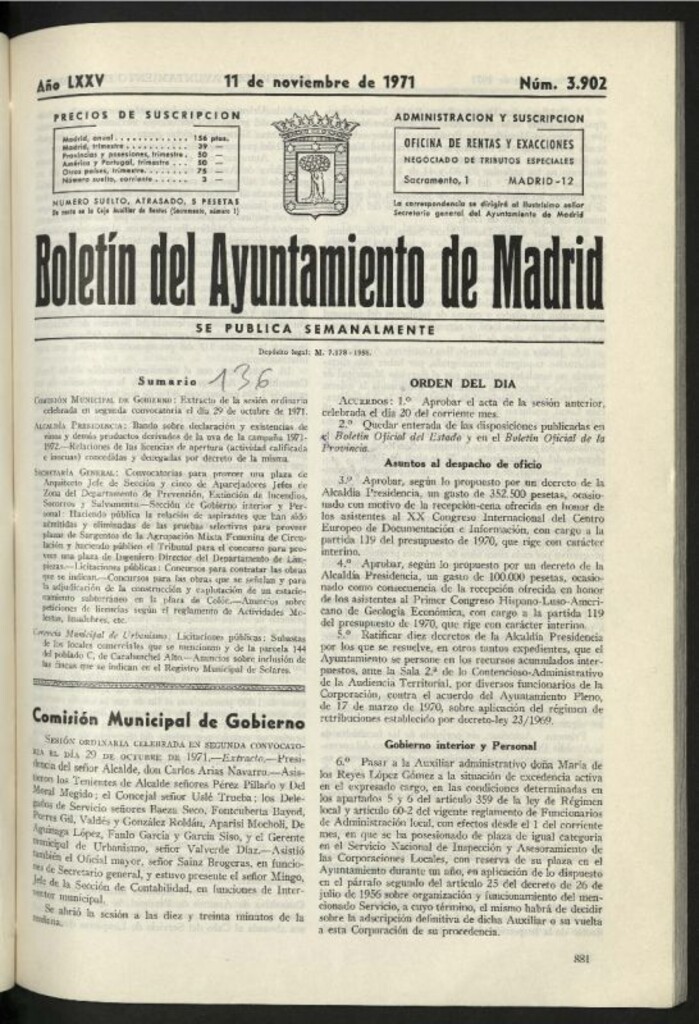 Miniatura de Boletín oficial del Ayuntamiento del 11 de noviembre de 1971, nº 3902