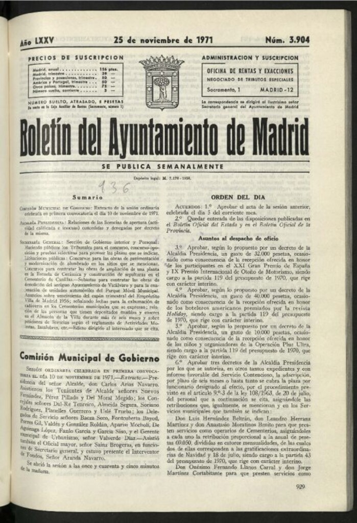 Miniatura de Boletín oficial del Ayuntamiento del 25 de noviembre de 1971, nº 3904