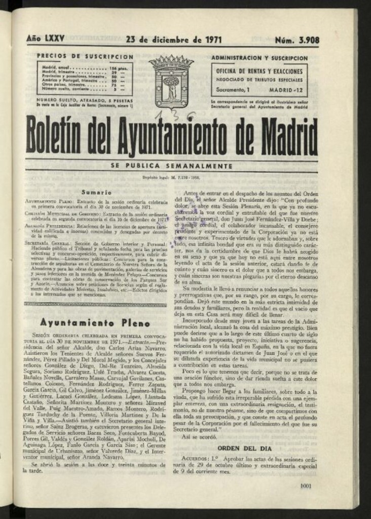 Miniatura de Boletín oficial del Ayuntamiento del 23 de diciembre de 1971, nº 3908