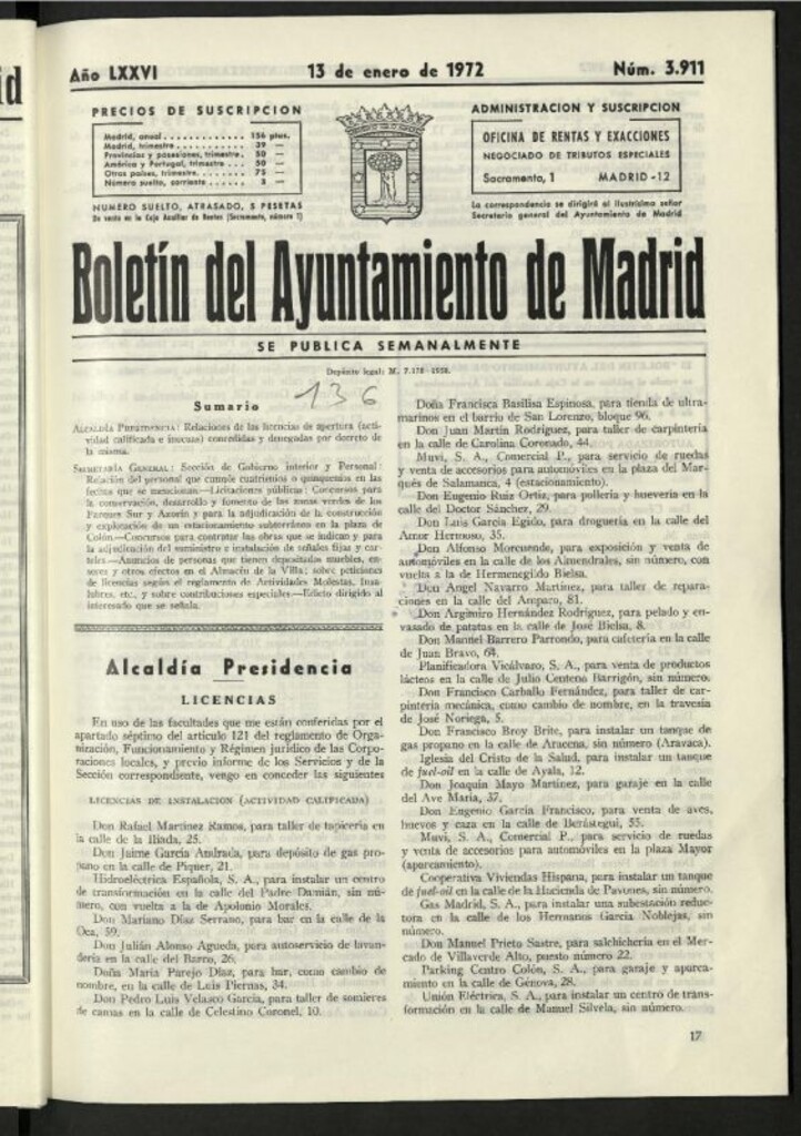 Miniatura de Boletín oficial del Ayuntamiento del 13 de enero de 1972, nº 3911