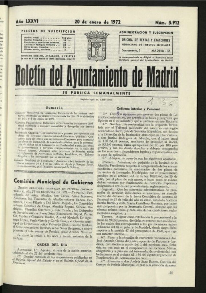 Miniatura de Boletín oficial del Ayuntamiento del 20 de enero de 1972, nº 3912