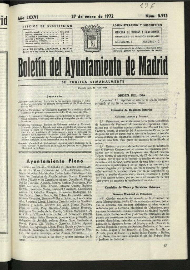 Miniatura de Boletín oficial del Ayuntamiento del 27 de enero de 1972, nº 3913