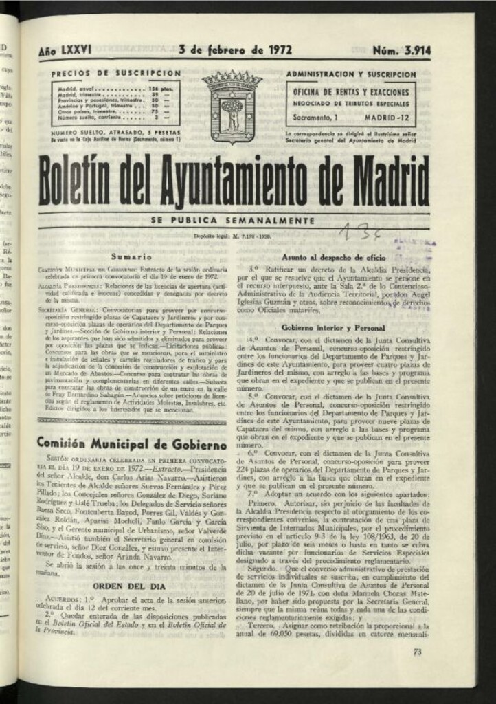 Miniatura de Boletín oficial del Ayuntamiento del 3 de febrero de 1972, nº 3914