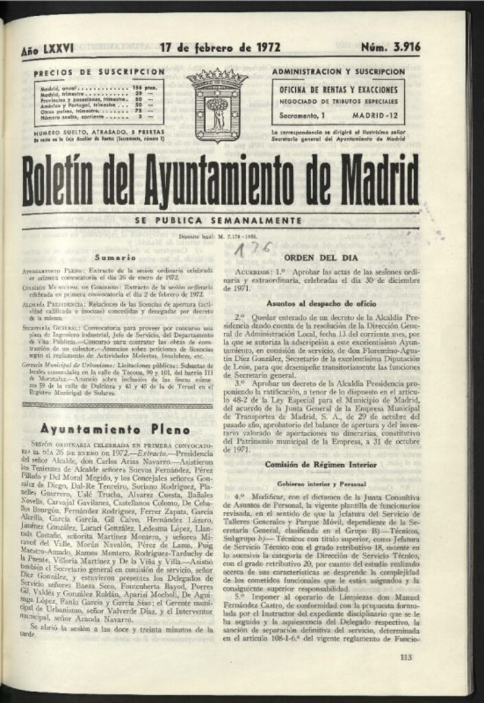 Miniatura de Boletín oficial del Ayuntamiento del 17 de febrero de 1972, nº 3916