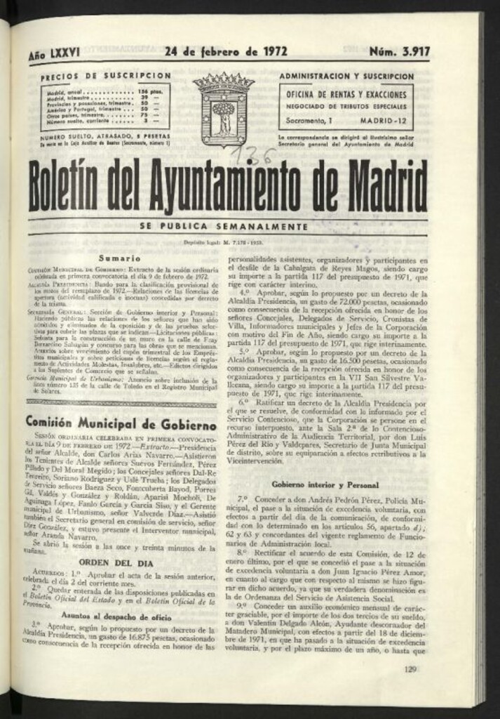 Miniatura de Boletín oficial del Ayuntamiento del 24 de febrero de 1972, nº 3917