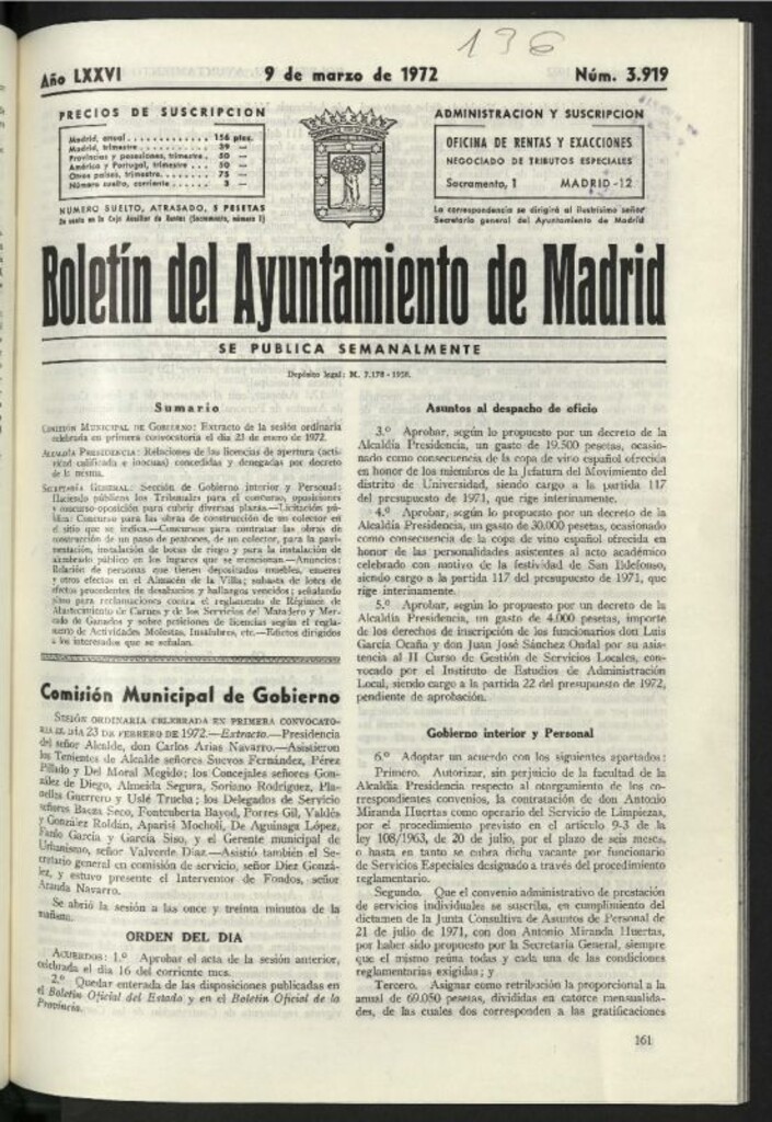 Miniatura de Boletín oficial del Ayuntamiento del 9 de marzo de 1972, nº 3919
