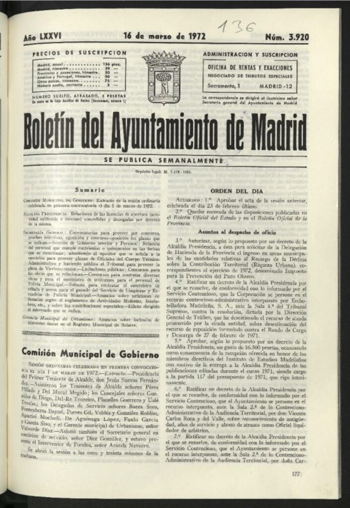 Miniatura de Boletín oficial del Ayuntamiento del 16 de marzo de 1972, nº 3920
