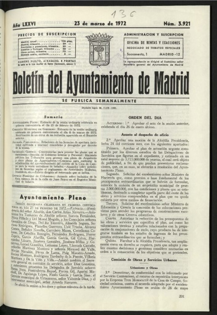 Miniatura de Boletín oficial del Ayuntamiento del 23 de marzo de 1972, nº 3921