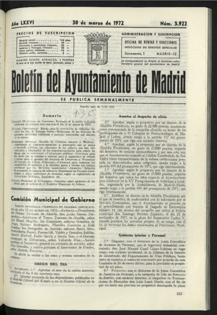 Miniatura de Boletín oficial del Ayuntamiento del 30 de marzo de 1972, nº 3922
