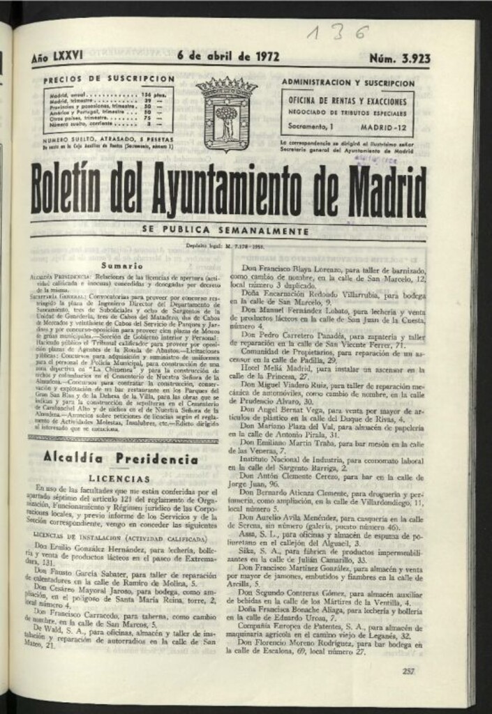 Miniatura de Boletín oficial del Ayuntamiento del 6 de abril de 1972, nº 3923