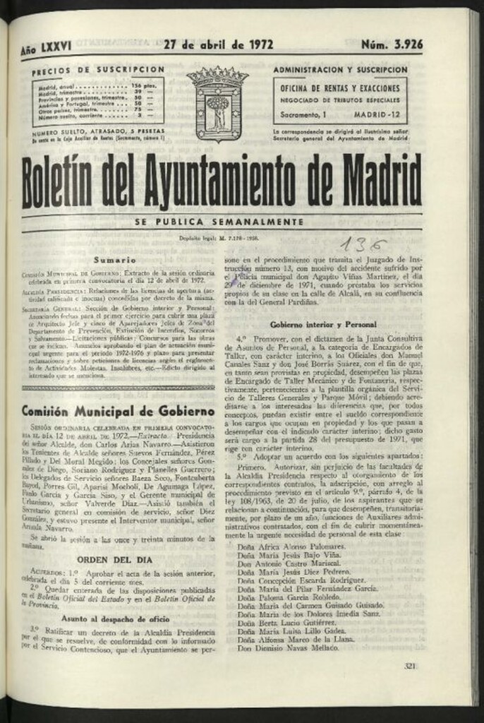 Miniatura de Boletín oficial del Ayuntamiento del 27 de abril de 1972, nº 3926