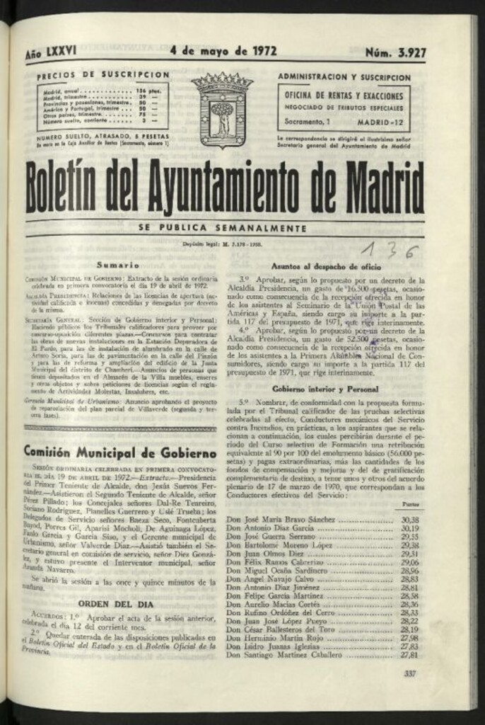 Miniatura de Boletín oficial del Ayuntamiento del 4 de mayo de 1972, nº 3927