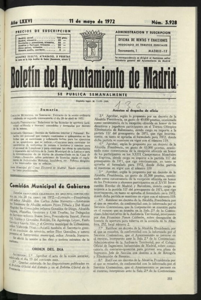 Miniatura de Boletín oficial del Ayuntamiento del 11 de mayo de 1972, nº 3928